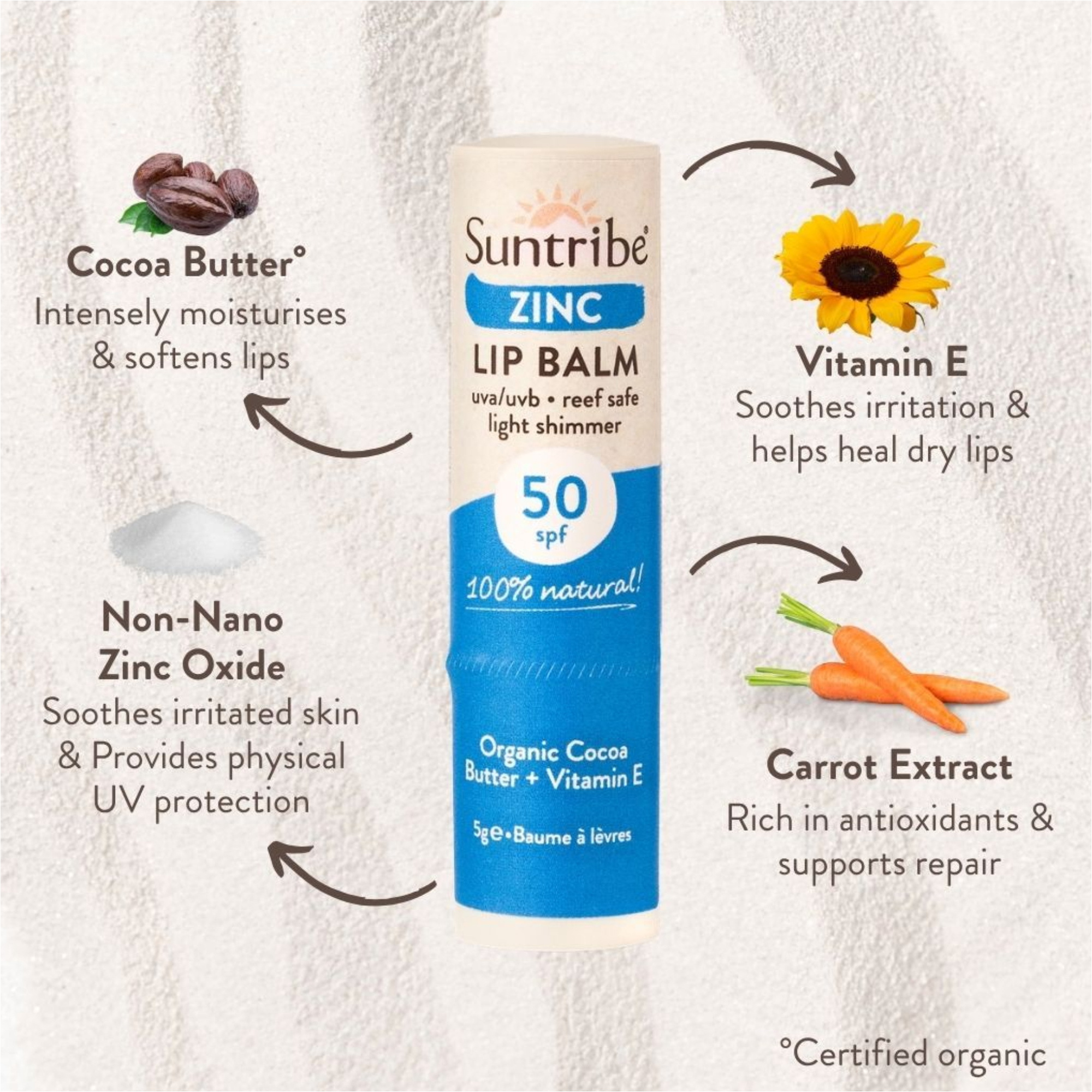 2026 Suntribe Organic Mineral Zinc Lip Balm SPF 50 STLBZS